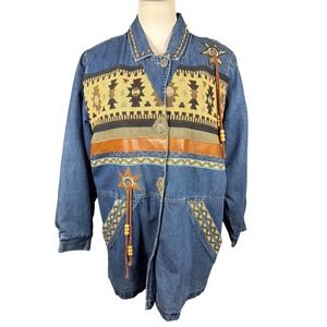 Vintage Southwestern Denim 220 Hickory Jacket Tapestry Beaded Tassels Large Blue